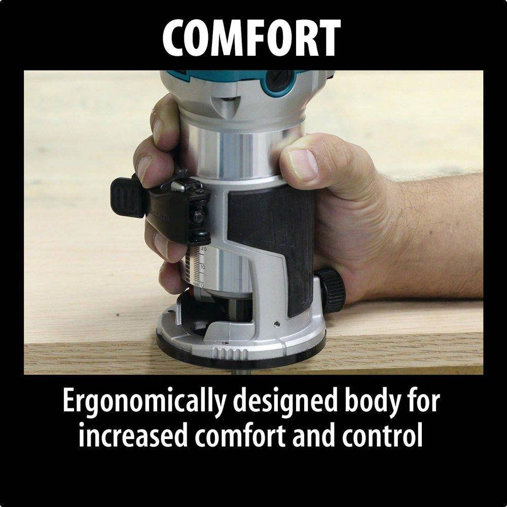 A woodworker comfortably gripping the slim, ergonomic body of the Makita RT0701C 6.5 Amp compact router, demonstrating increased comfort and control on a wood workpiece.