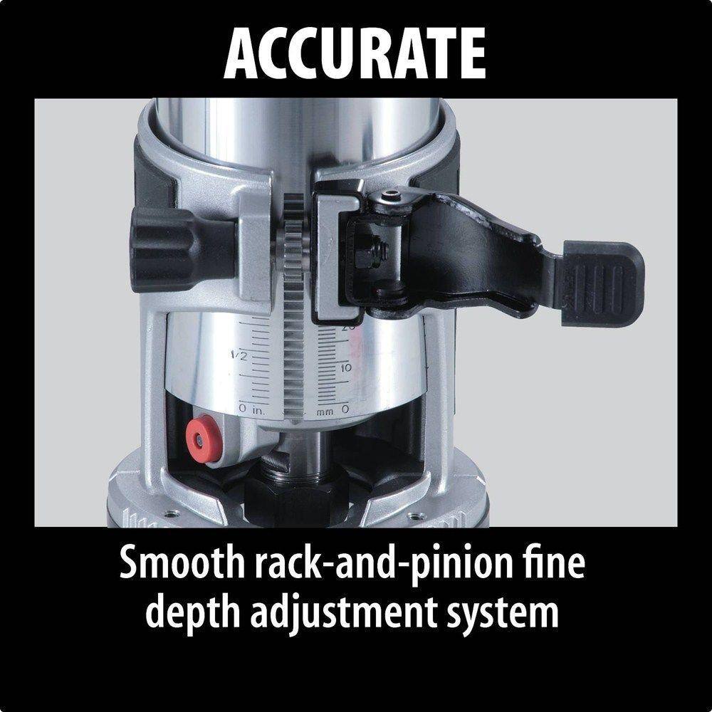 Close-up of the smooth rack-and-pinion fine depth adjustment system and quick release cam lock mechanism on the Makita RT0701C woodworking router for accurate cutting.