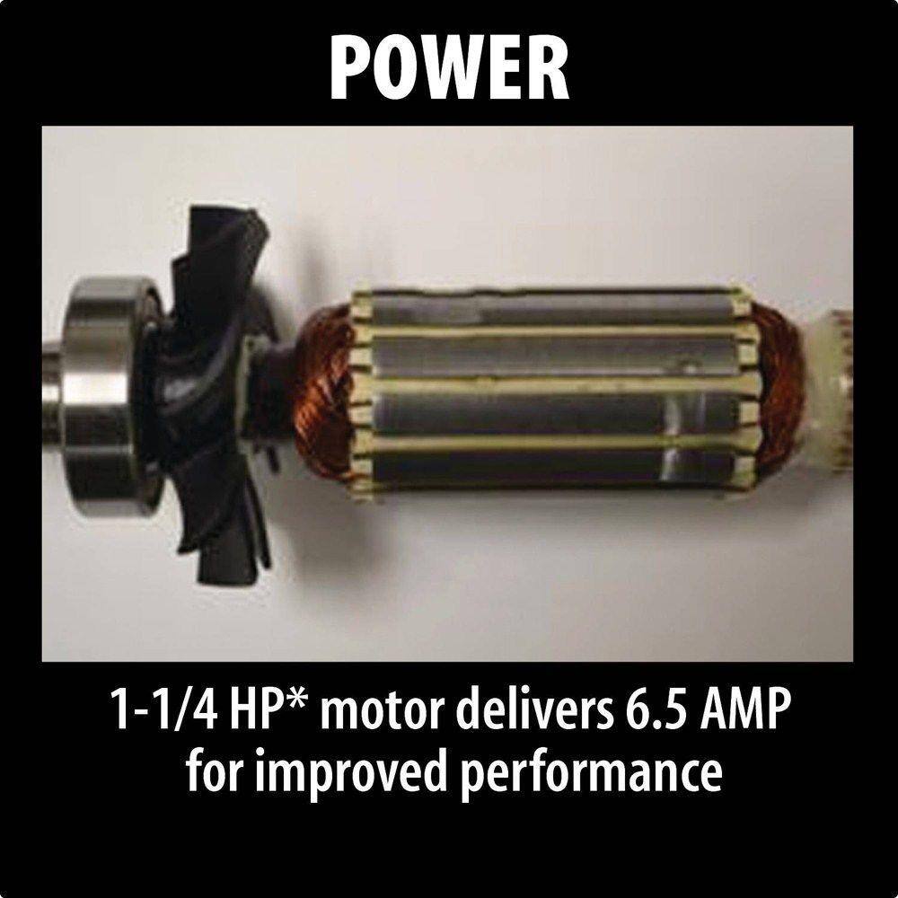 Internal view of the powerful 1-1/4 maximum horsepower motor armature that drives the 6.5 Amp Makita corded compact router for improved woodworking performance.