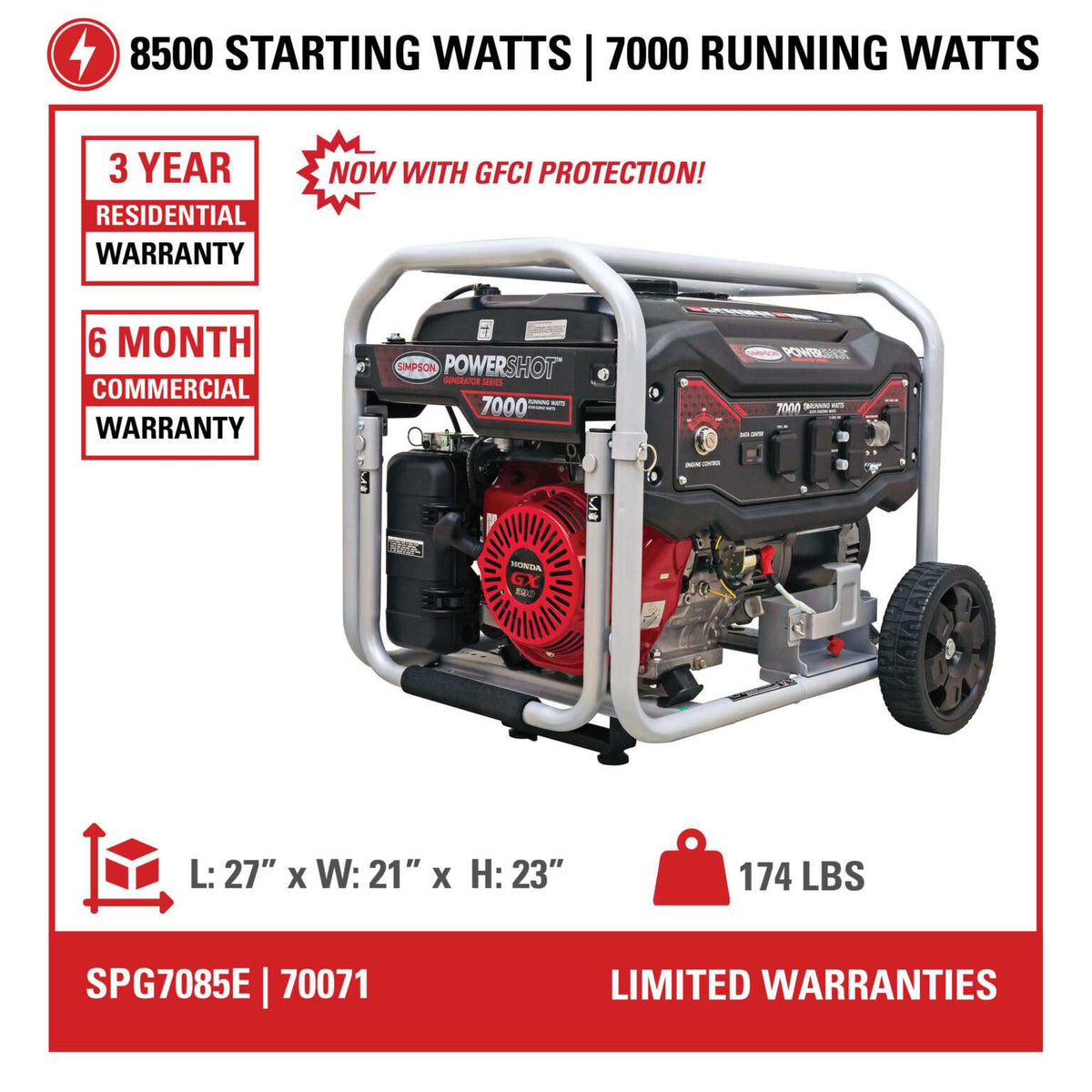 Infographic displaying the generator specifications: 8500 Starting Watts, 7000 Running Watts, 3 Year Warranty, and dimensions of 27 x 21 x 23 inches.
