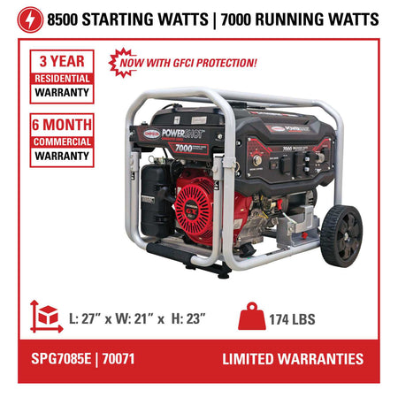 Infographic displaying the generator specifications: 8500 Starting Watts, 7000 Running Watts, 3 Year Warranty, and dimensions of 27 x 21 x 23 inches.