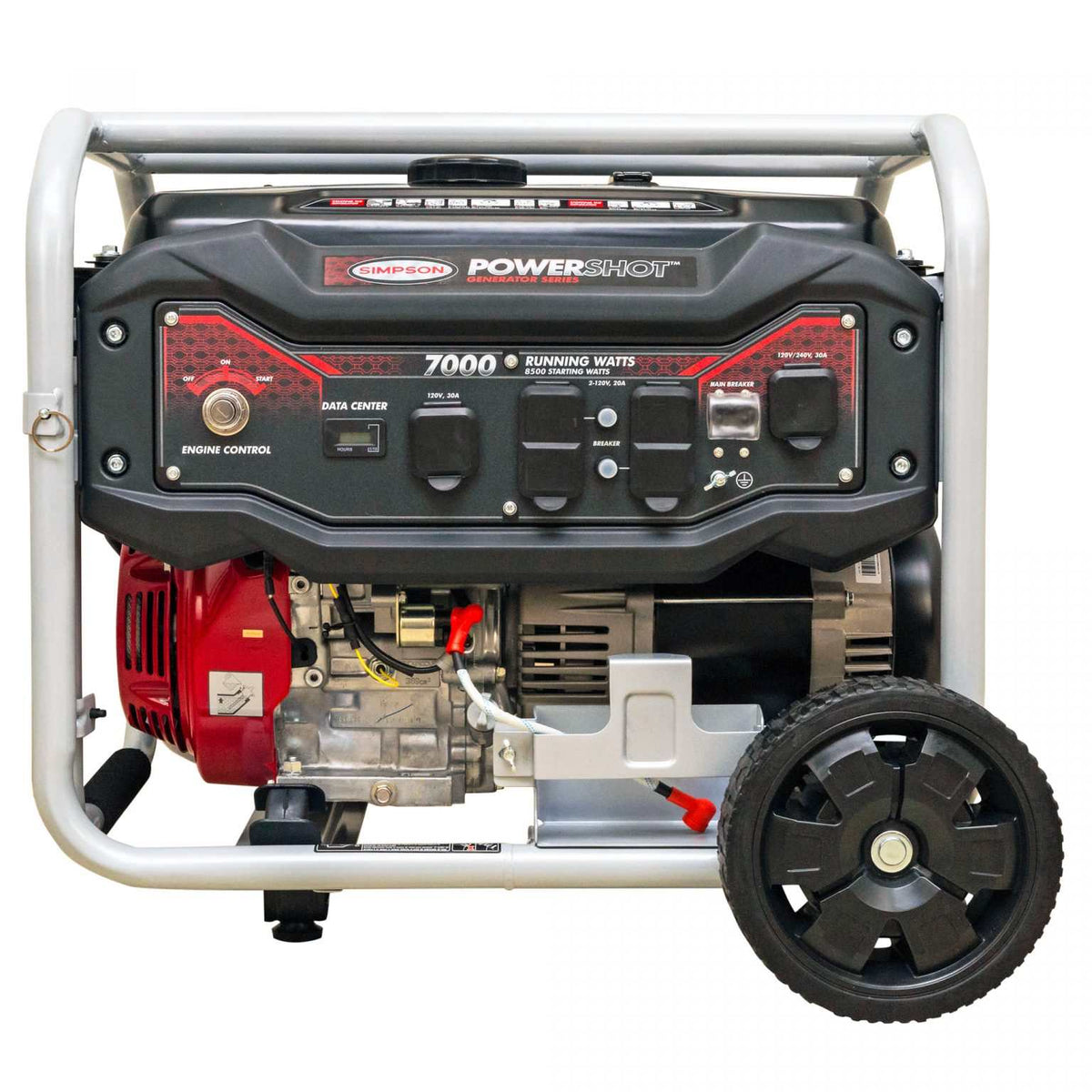 Angled front view of the generator highlighting the electric start switch, full control panel, and the red Honda engine.