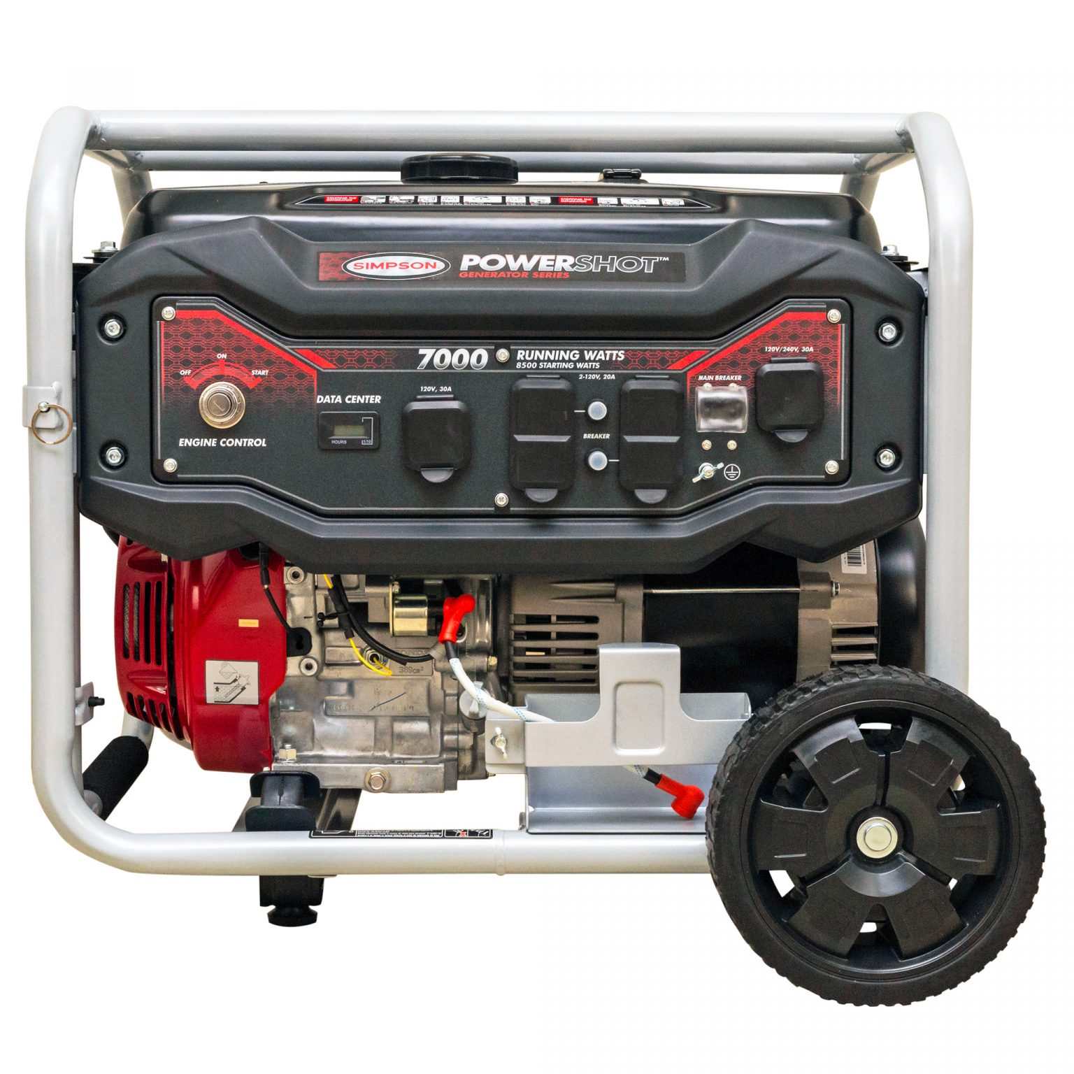 Angled front view of the generator highlighting the electric start switch, full control panel, and the red Honda engine.