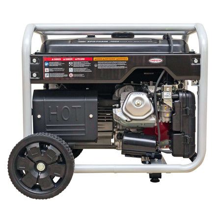 Side profile view of the portable generator showing the black muffler assembly, red Honda engine components, and the silver tubular frame.