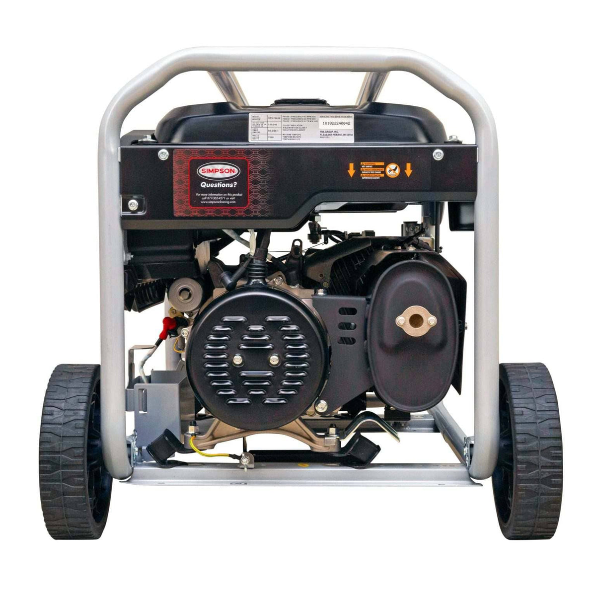 Rear view of the generator showing the silver alternator end cap, black muffler assembly with heat shield, and the wheel axle.