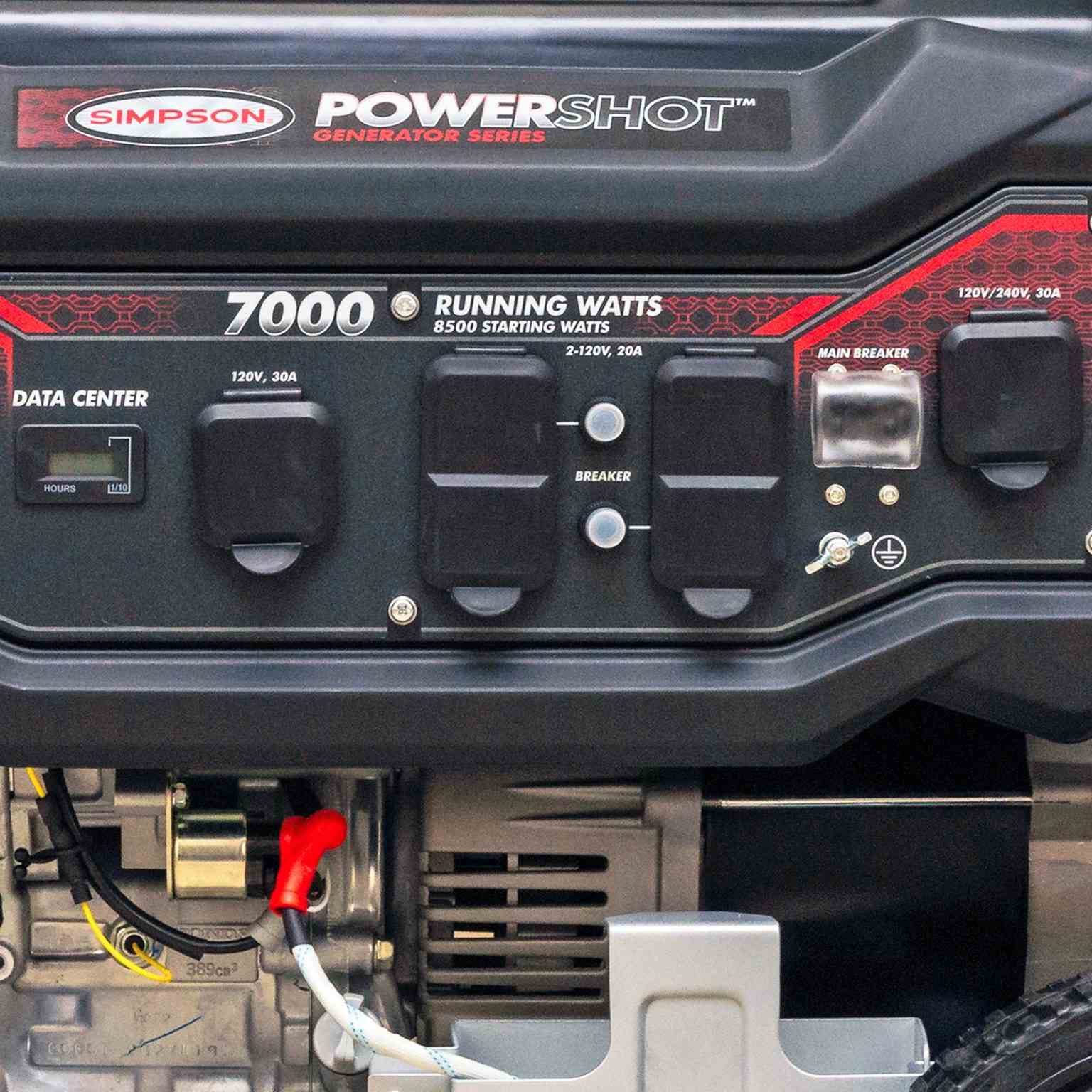 Detailed close-up of the black control panel featuring the data center, 30A and 20A circuit breakers, and covered 120V and 240V outlets.