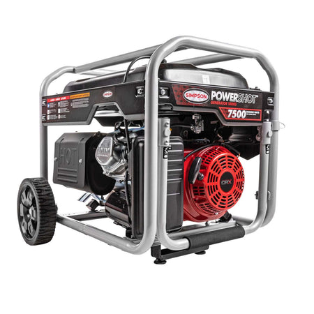 Angled studio view of the Simpson PowerShot portable generator featuring a silver roll cage, black fuel tank, and red CRX 420 engine.