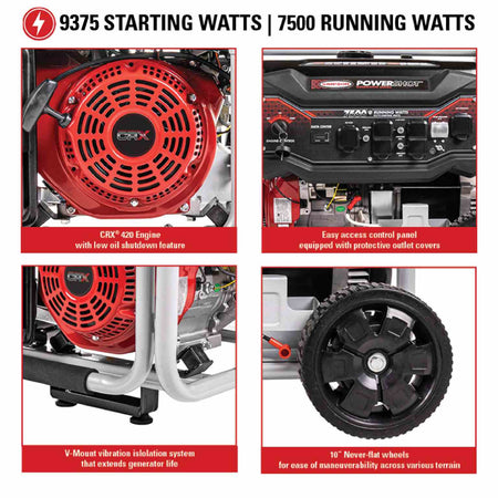 Four detailed inset images showing the red engine recoil starter, the control panel with data center, the vibration isolation mounts, and the never-flat wheel.