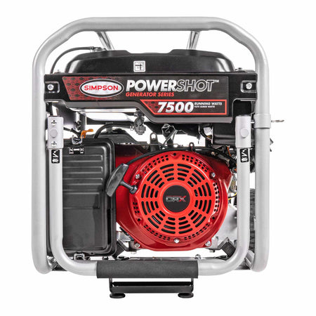 Side profile view of the generator showing the red CRX 420cc engine, black air filter box, and silver frame construction.