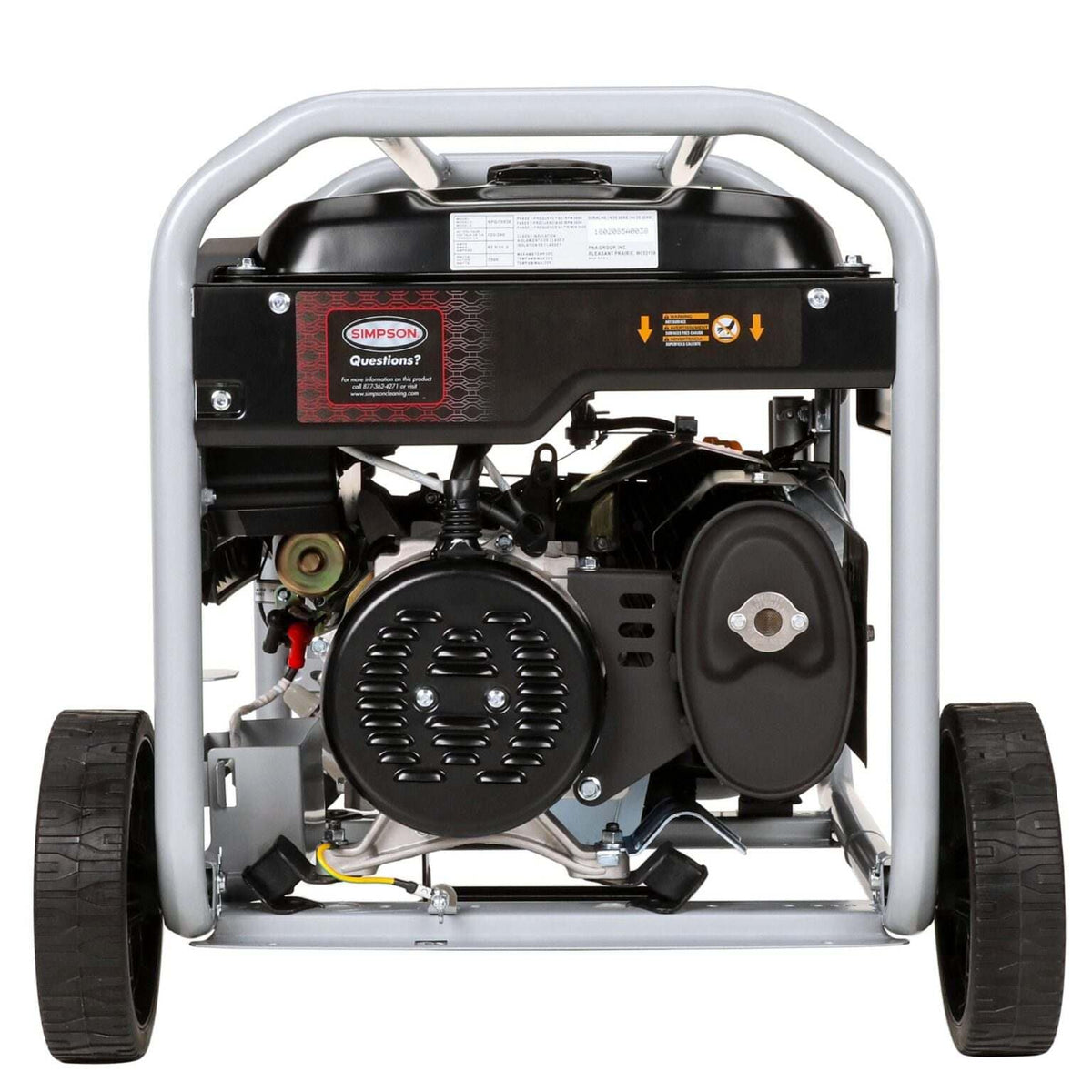 Rear view of the generator displaying the alternator end cap, muffler assembly with heat shield, and wheel kit axle.