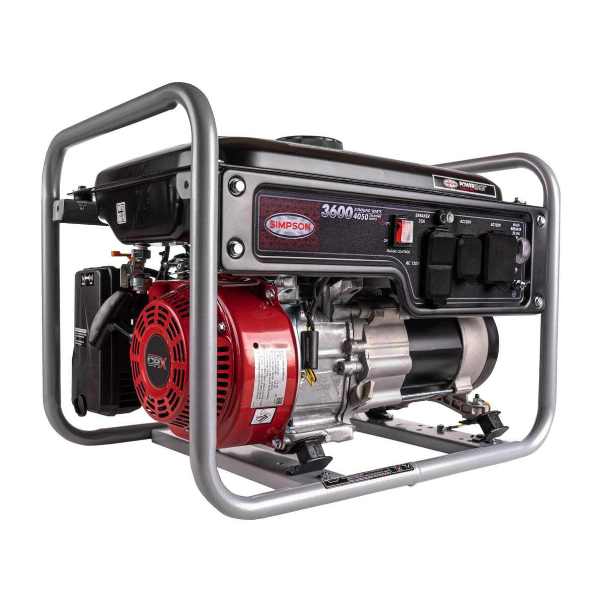 Angled studio view of the Simpson portable generator featuring a silver frame, black fuel tank, and red CRX engine.
