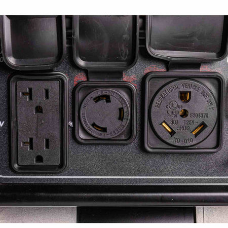 Close-up view of the power outlets showing the 120V duplex, 120V twist lock, and 120V RV-ready receptacle.