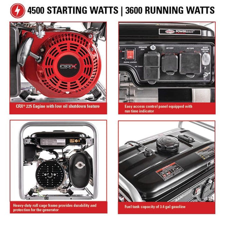 Composite image showing four detailed close-ups: the red CRX 225 engine, the control panel with outlets, the heavy-duty roll cage frame, and the fuel tank top.
