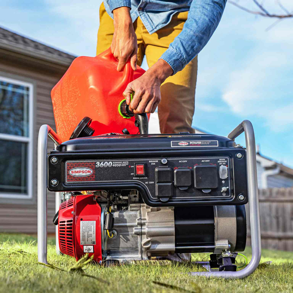 Lifestyle image of a person pouring gasoline from a red can into the generator's fuel tank on a grassy lawn.