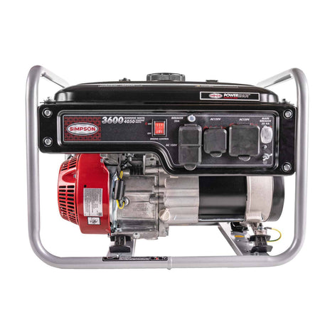 Front view focusing on the control panel layout, main breaker, and the side of the alternator.