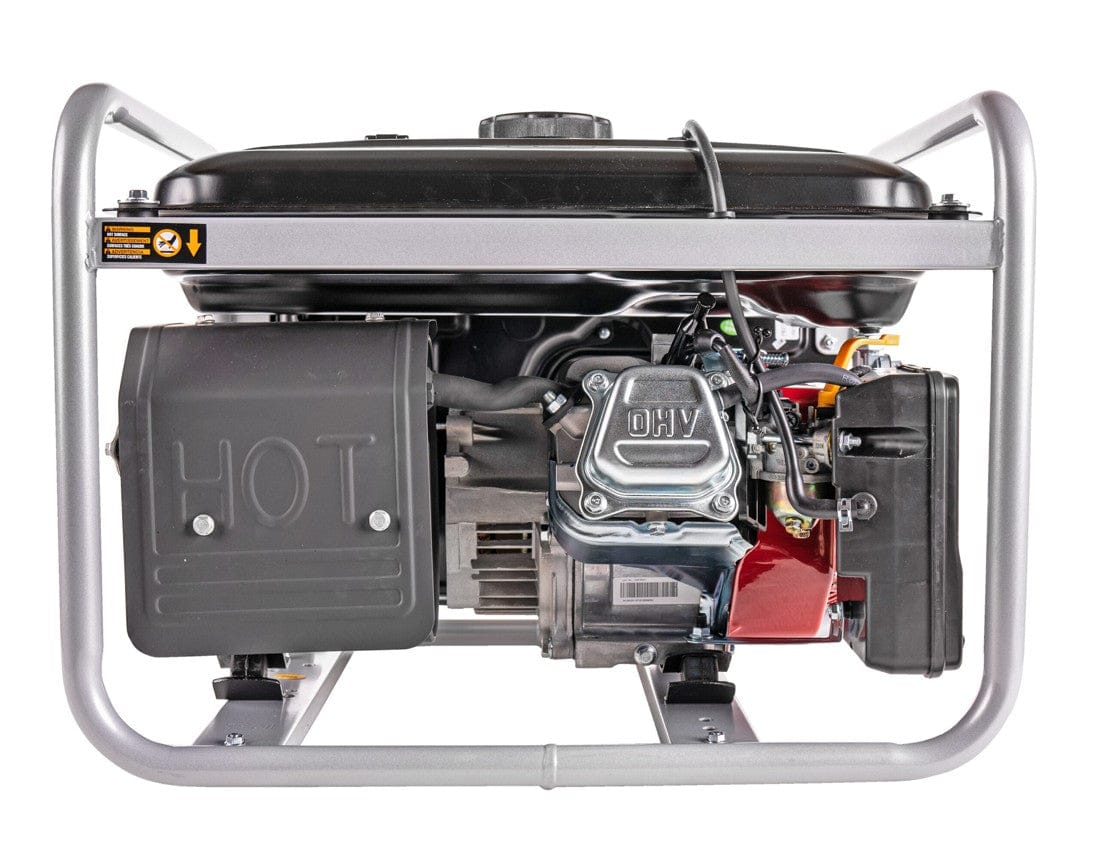 Side profile view showing the engine components including the OHV cover, air filter, and exhaust heat shield.