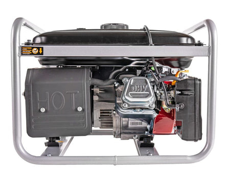 Side profile view showing the engine components including the OHV cover, air filter, and exhaust heat shield.