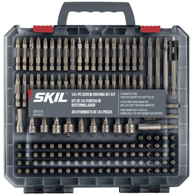 Studio view of the SKIL 141-piece screwdriver bit set organized in a clear and grey hard plastic carrying case.