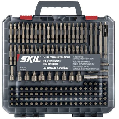 Studio view of the SKIL 141-piece screwdriver bit set organized in a clear and grey hard plastic carrying case.