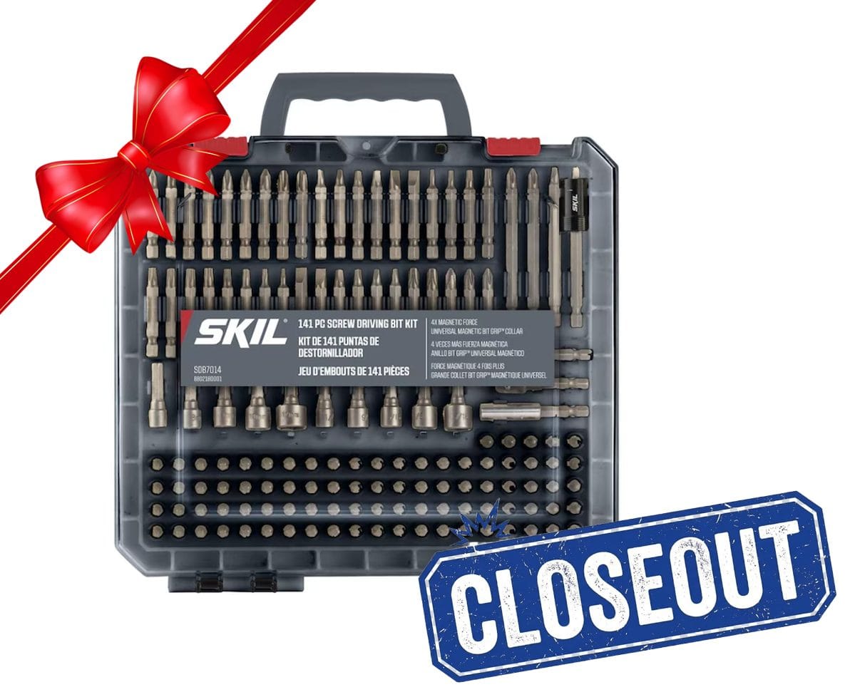 Promotional graphic of the SKIL 141-piece screwdriver bit set featuring a red ribbon bow and a blue Closeout stamp overlay.