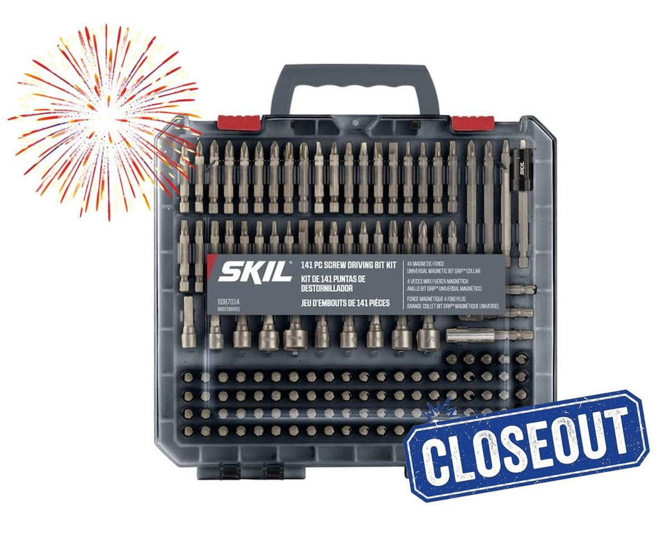 Promotional graphic of the SKIL 141-piece screwdriver bit set featuring a fireworks starburst and a blue Closeout stamp overlay.