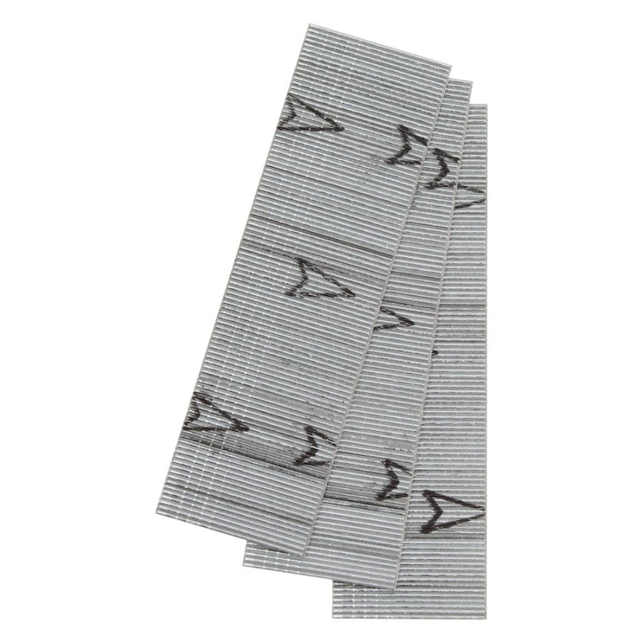 An angled stack of four strips of collated 23-gauge galvanized headless pin nails, showing the subtle pin heads and adhesive binding.