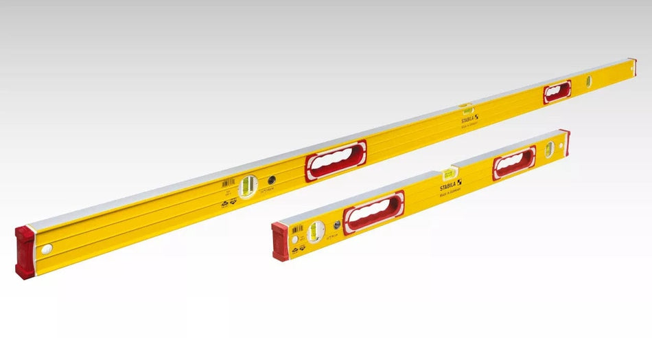 The STABILA Type 196 Concrete Level Set, showing the 72-inch and 32-inch yellow aluminum box beam levels side-by-side.