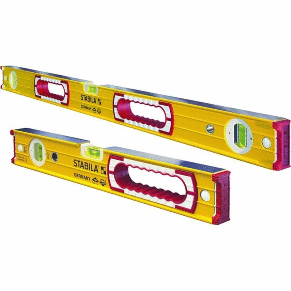 The STABILA Type 196 Box Beam Level Set, showing the 48-inch and 16-inch yellow and red levels stacked at an angle.