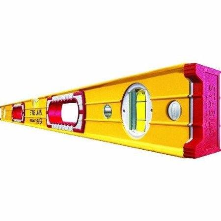 An angled view of the long, yellow STABILA Type 196 box beam level, highlighting the red end cap and the epoxy-locked vials.