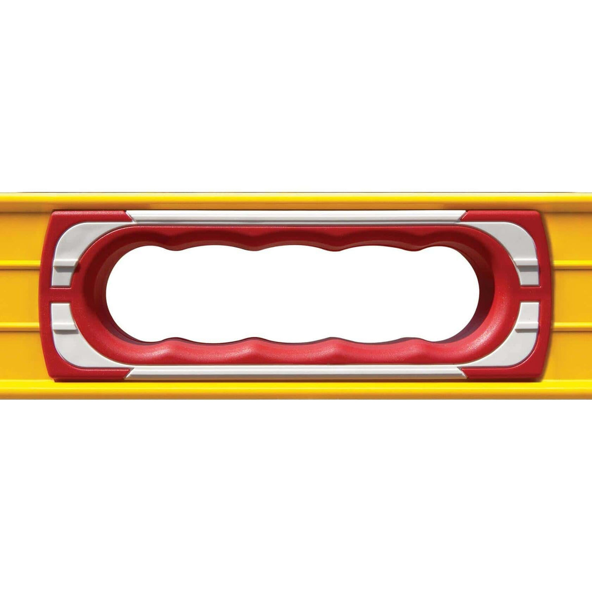 A close-up view of the red and white rubberized hand grip area on the side of the yellow STABILA box beam level.