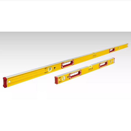 The STABILA Type 196 Concrete Level Set, showing the 72-inch and 32-inch yellow aluminum box beam levels side-by-side.
