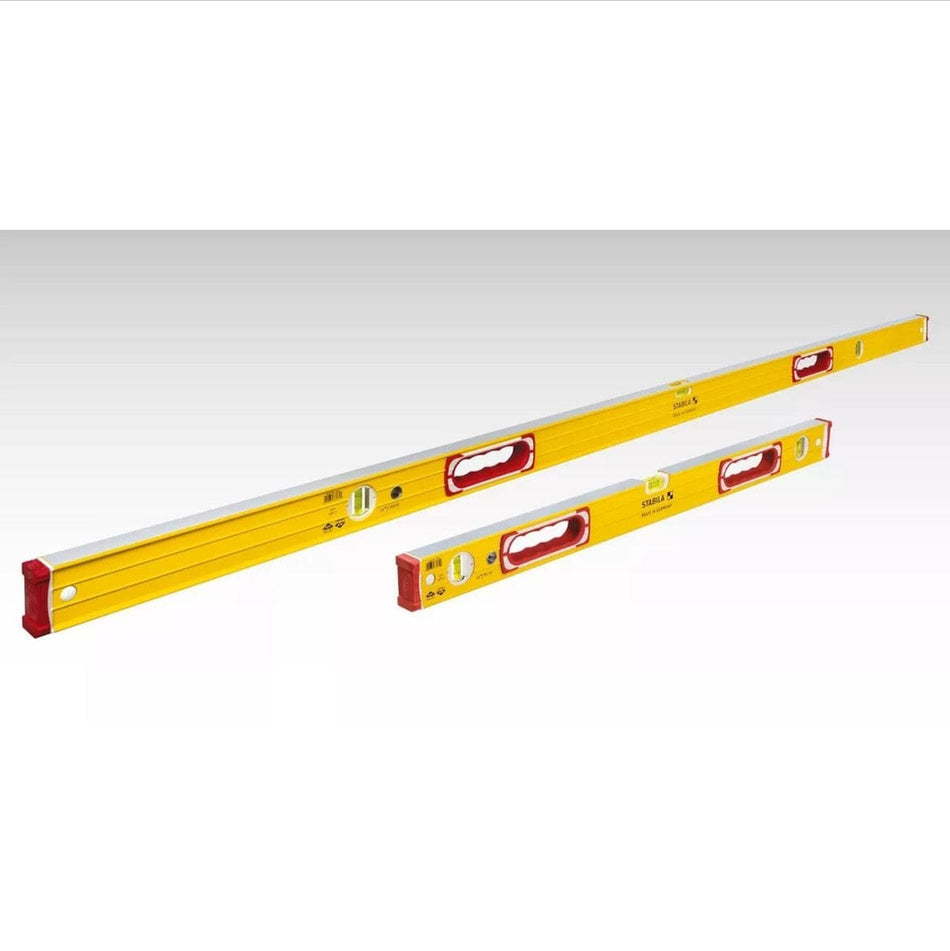 The STABILA Type 196 Concrete Level Set, showing the 72-inch and 32-inch yellow aluminum box beam levels side-by-side.