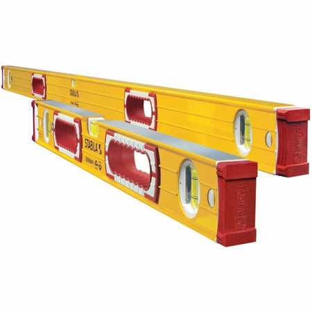 The STABILA Type 196 Tiler Set, featuring two heavy-duty yellow and red spirit levels in the 32-inch and 58-inch lengths, viewed at an angle.