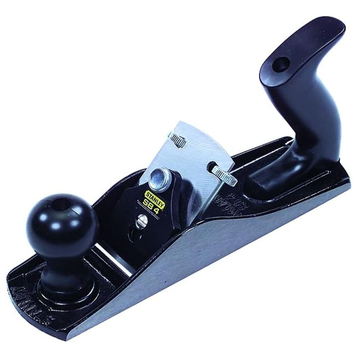 STANLEY 12-404 Number 4 adjustable bench hand planer featuring a 2 inch steel cutter blade, black epoxy coated cast iron body, high impact polymer tote handle, and front knob for precise manual surface smoothing and edge leveling in woodworking applications.