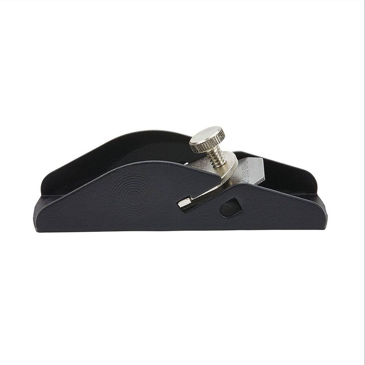 Side view profile of a STANLEY 12-101 trimming hand planer showing the black finish bottom base, integrated steel cutting iron, and a textured metal clamping knob used for manual depth regulation.