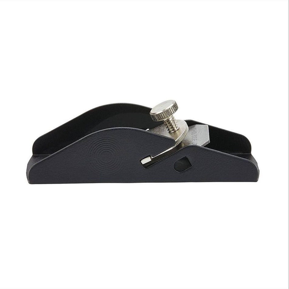 Side view profile of a STANLEY 12-101 trimming hand planer showing the black finish bottom base, integrated steel cutting iron, and a textured metal clamping knob used for manual depth regulation.