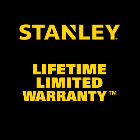 STANLEY manufacturer warranty badge featuring high contrast yellow text reading Lifetime Limited Warranty set centered against a clean solid black square background.