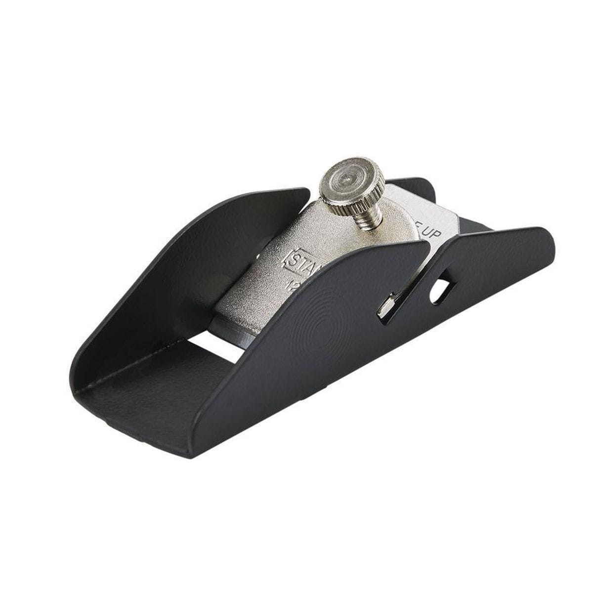 Angled studio view of the STANLEY 12-101 miniature pocket block plane highlighting the low profile nickel plated lever cap with hard stamped brand branding and the flat sole entry mouth.