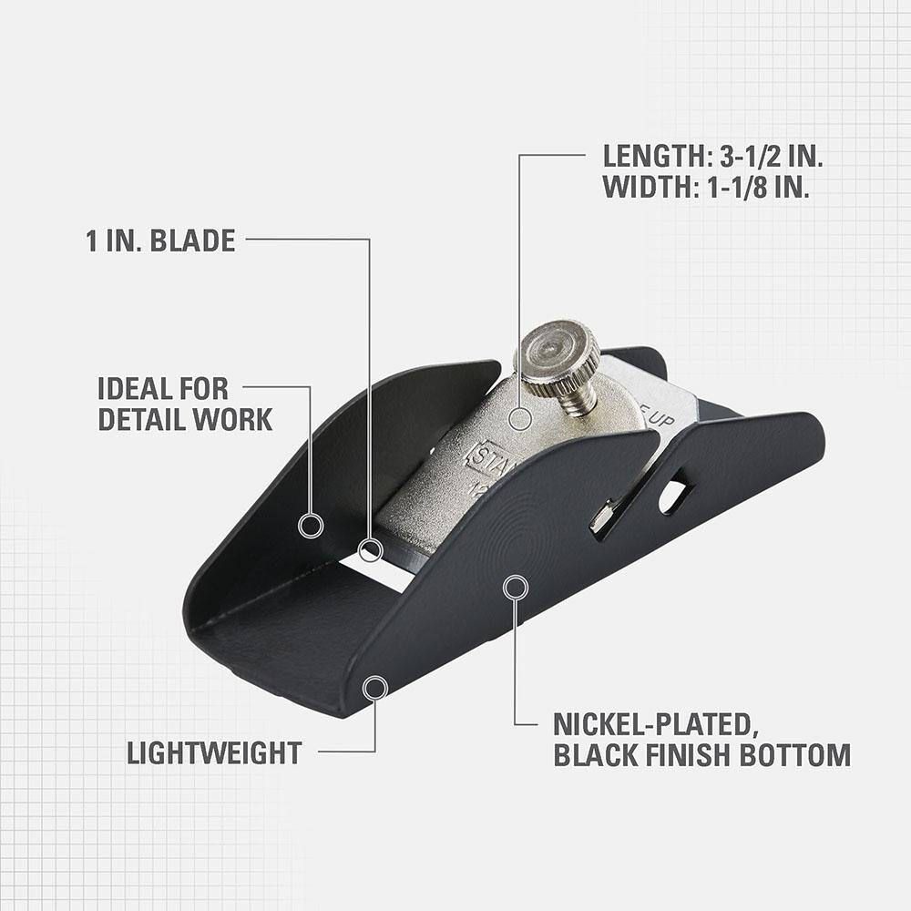 Infographic presentation of the STANLEY 12-101 hand plane highlighting structural dimensions including a 3-1/2 inch length, 1-1/8 inch width, 1 inch cutting blade width, and its lightweight nickel plated construction.