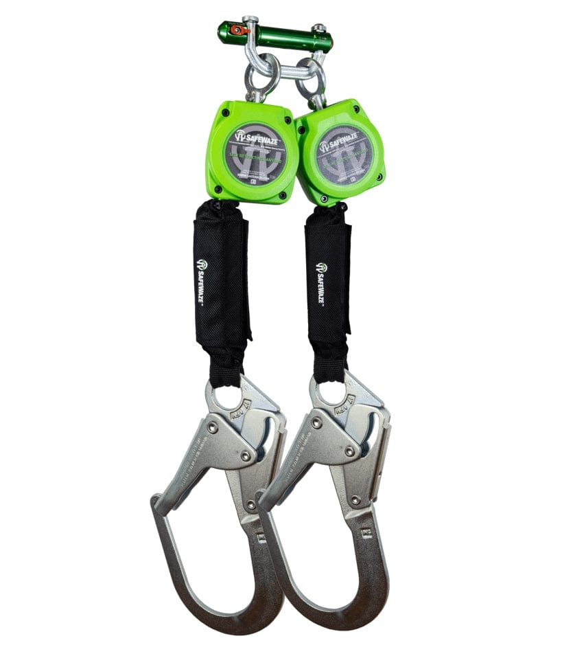 A dual leg self-retracting lifeline (SRL) with two compact, bright green retractable units, black webbing, and two large steel rebar hooks attached.