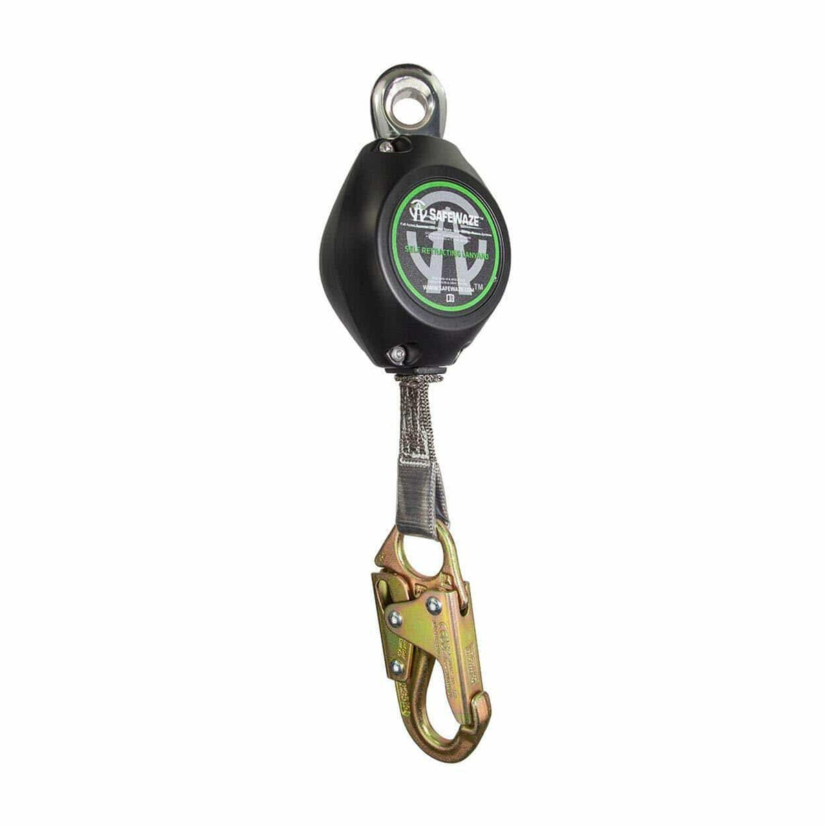 Safety harness component with carabiner on a white background