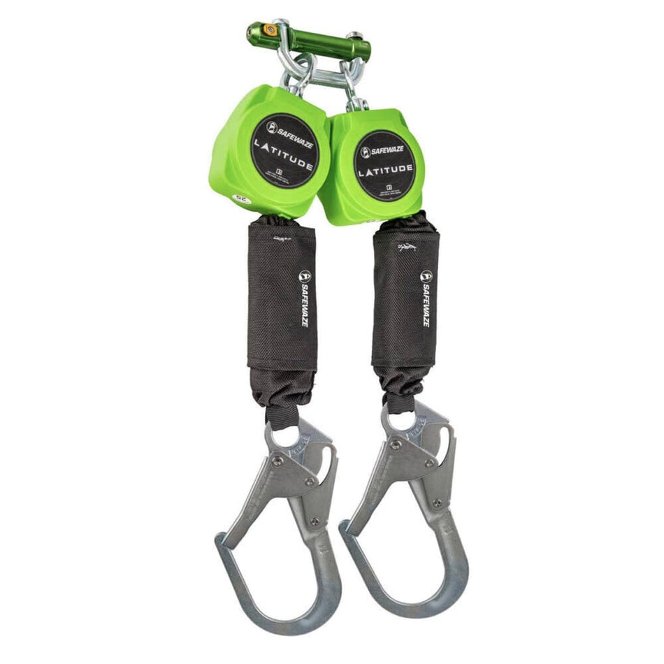 Safewaze Latitude 019-5054 dual-leg 6-foot web retractable lifeline featuring high-visibility green housings, integrated shock absorbers, and heavy-duty steel rebar hooks for 100% tie-off fall protection.