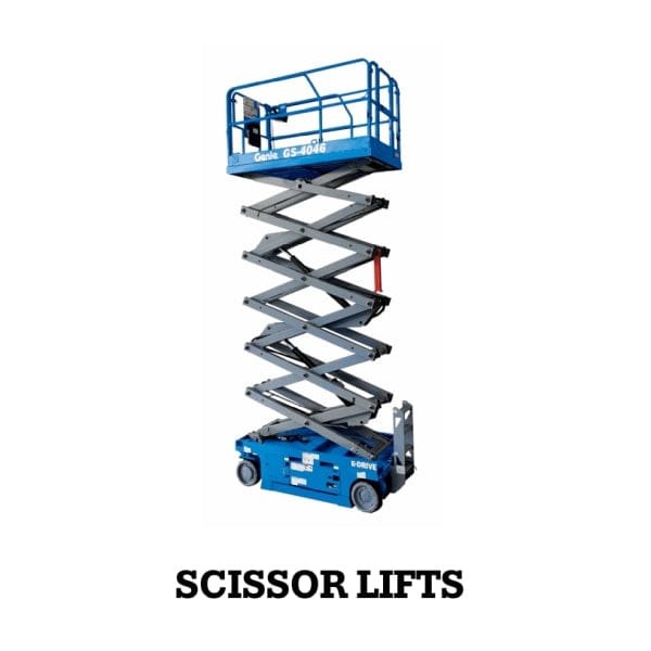 Scissor lift on a white background with 'Scissor Lifts' text below.