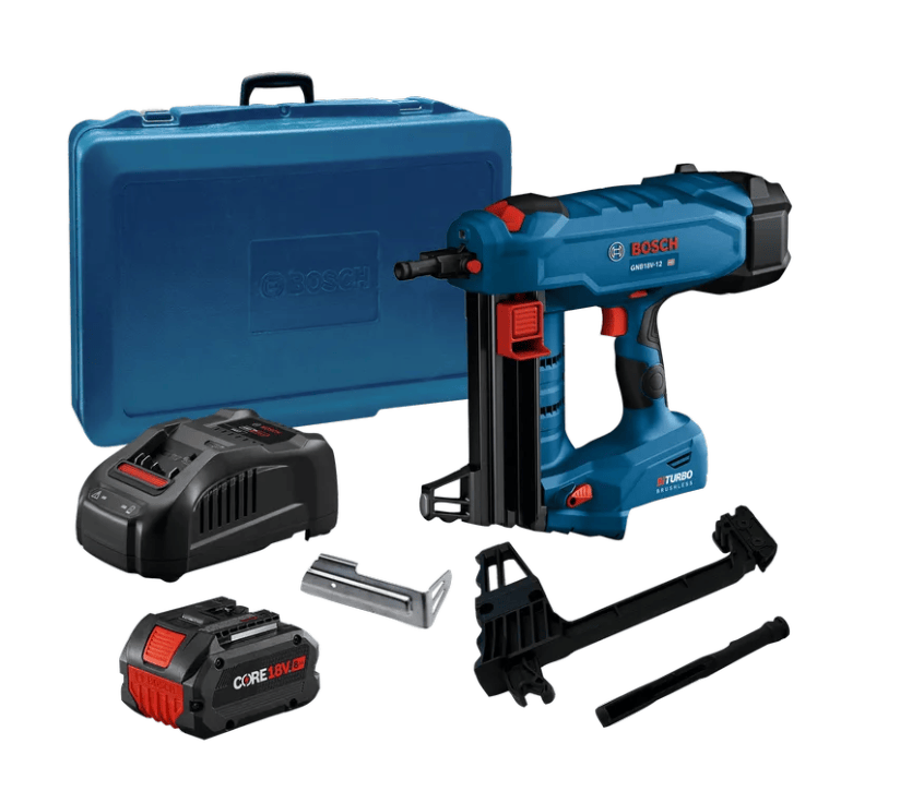 Bosch GWS 18 V LNP cordless nailer with blue and black body, shown with its blue carrying case, two black batteries, a metal guide rail, and mounting accessories on a white background.