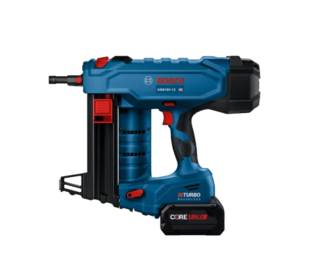Bosch cordless nailer gun in blue and black with red accents, shown on a solid white background.
