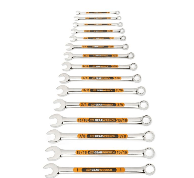15 combination wrenches lined up vertically 