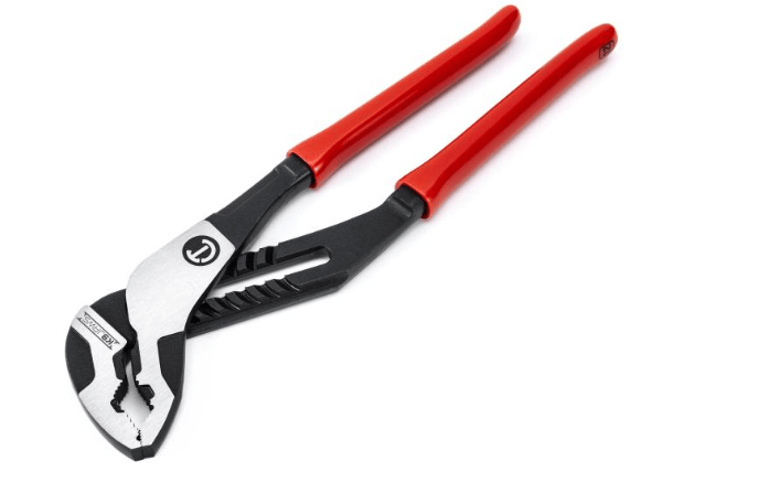 Adjustable slip pliers with red handles and black-and-silver metal jaws, photographed on a clean white background.