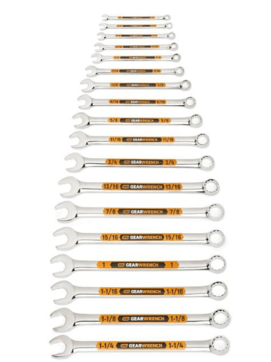 A set of 16 open-end wrenches in a descending size order, arranged vertically. The wrenches are silver with black and orange handles, and the brand name 'GEEWMATCH' is clearly visible on each.