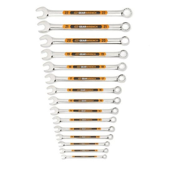 15 Piece 12 Point Metric Hi-Viz Long Pattern Combination Wrench Set on  white background