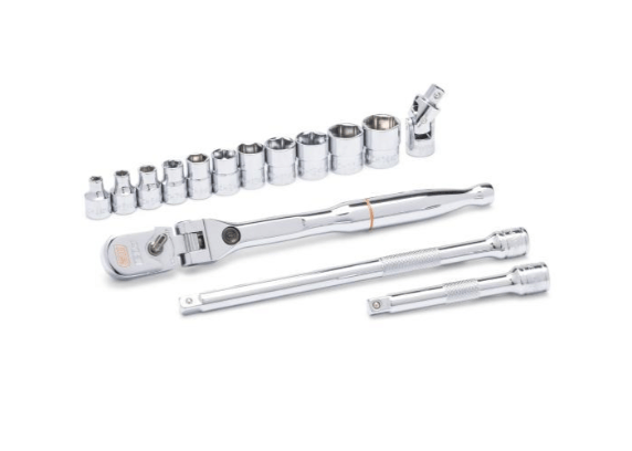 a Locking Flex Head Ratchet and 6 Point Metric Stubby Socket Mechanics Tool Set on a white background